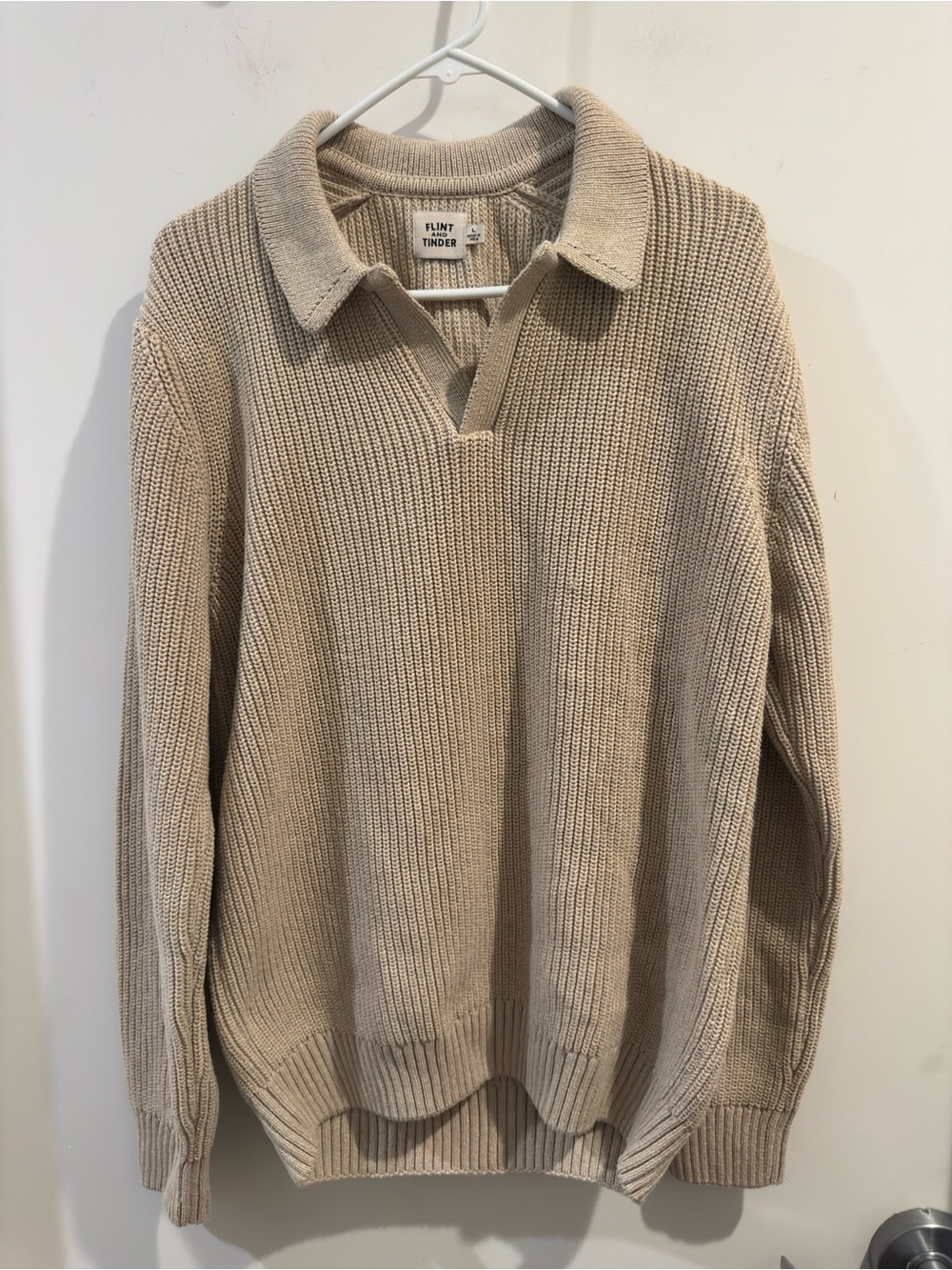 Flint and Tinder Bolinas Cotton Johnny Collar Sweater Polo Natural Mens Large